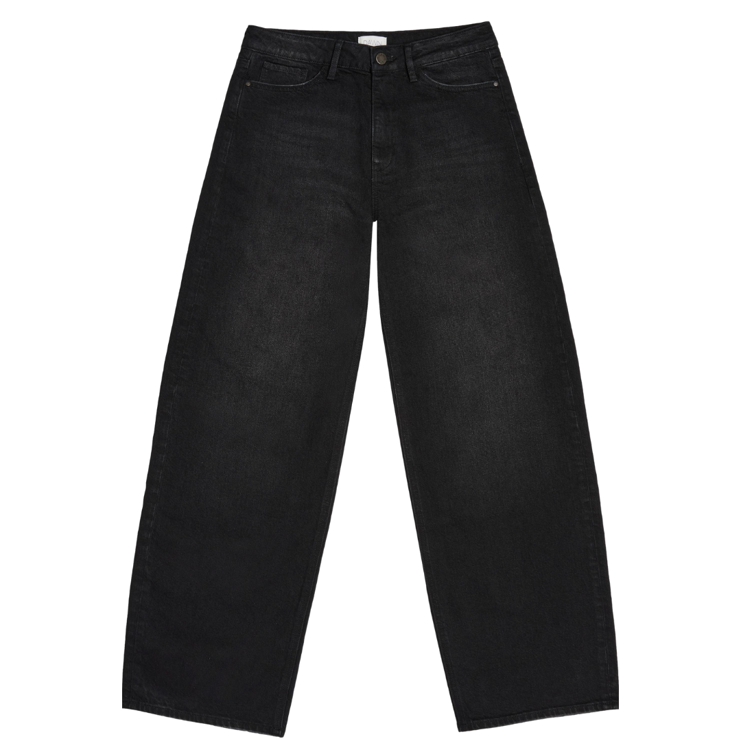 DAWN || ASH BARREL LEG MINIMAL STRETCH BLACK DEMNIM