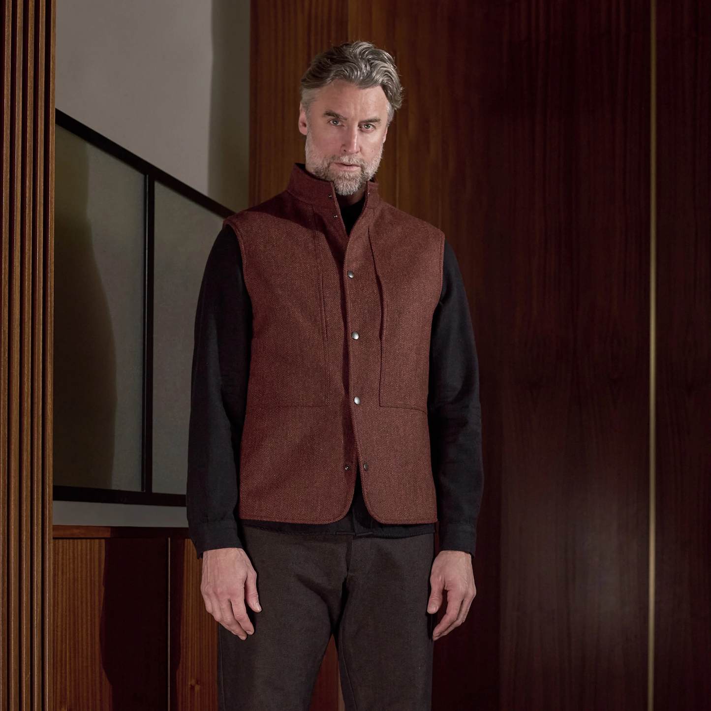 ABOUT COMPANIONS || WENDEL VEST LAMBSWOOL HERRINGBONE BRICK