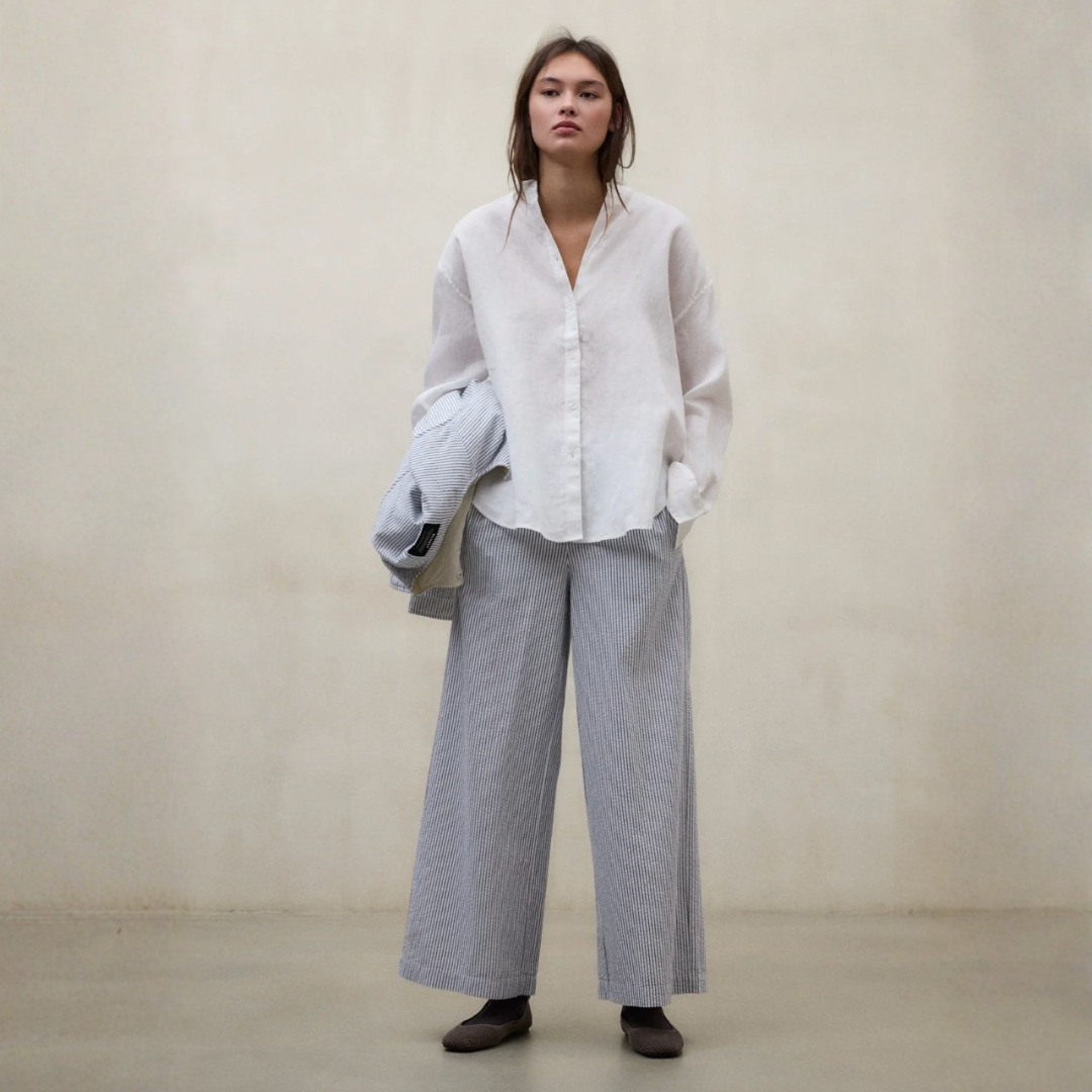 ECOALF || MOSS PANTS WOMAN ECRU BLUE STRIPS