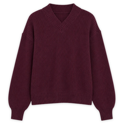 MAZINE || CHUNKY KNIT V-NECK JUMPER ORGANIC COTTON BURGUNDY WOMEN