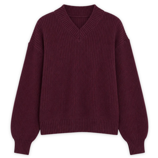 MAZINE || CHUNKY KNIT V-NECK JUMPER ORGANIC COTTON BURGUNDY WOMEN