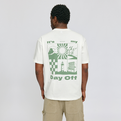 MAZINE || MENS DAY OFF BACK PRINT THEME T-SHIRT OFFWHITE