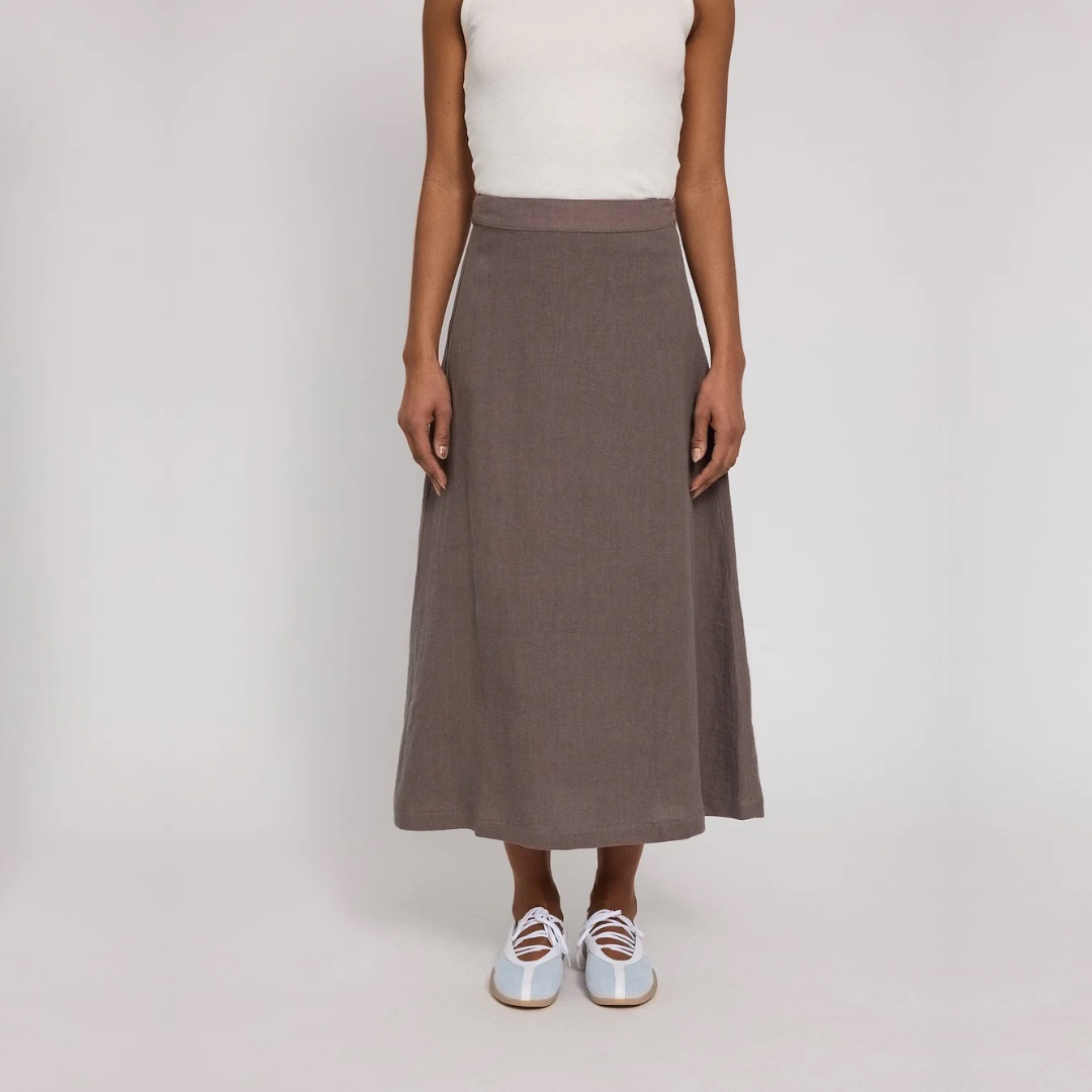 MAZINE || LINEN MIDI SKIRT GREY BROWN