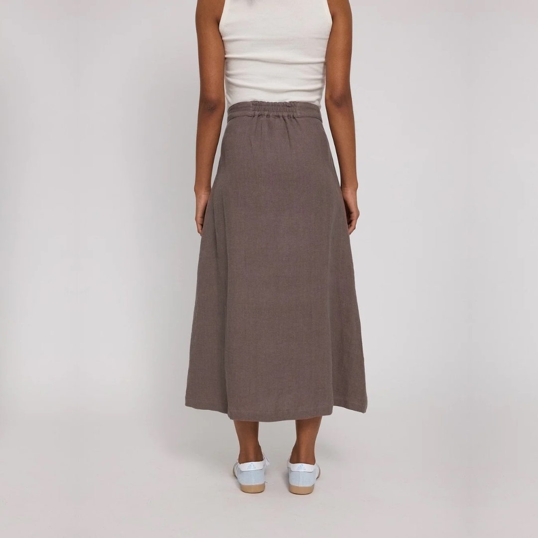 MAZINE || LINEN MIDI SKIRT GREY BROWN