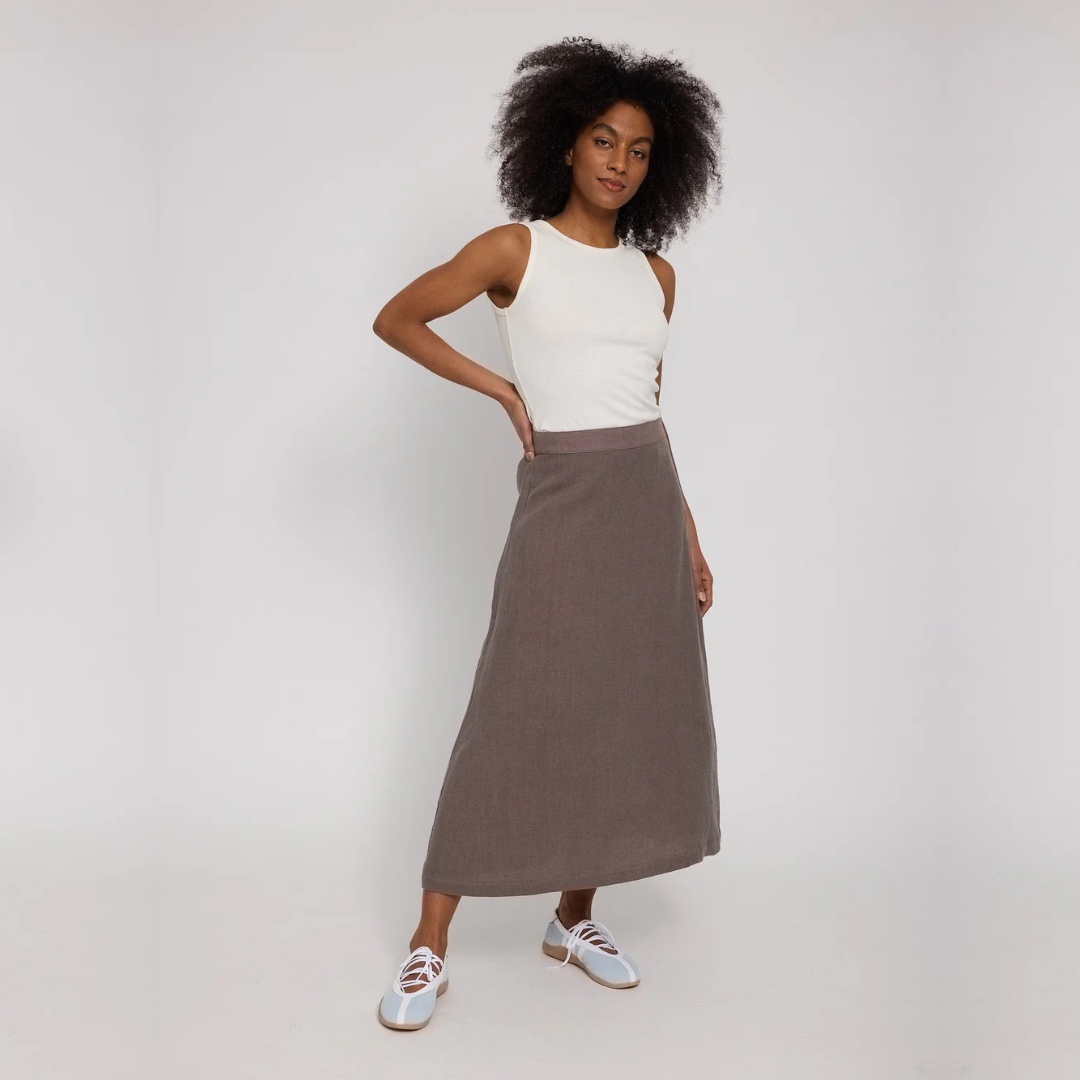 MAZINE || LINEN MIDI SKIRT GREY BROWN