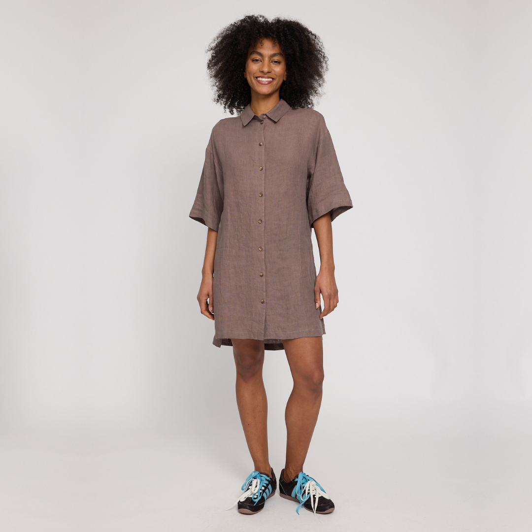 MAZINE || LINEN SHIRT DRESS GREY BROWN