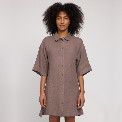 MAZINE || LINEN SHIRT DRESS GREY BROWN