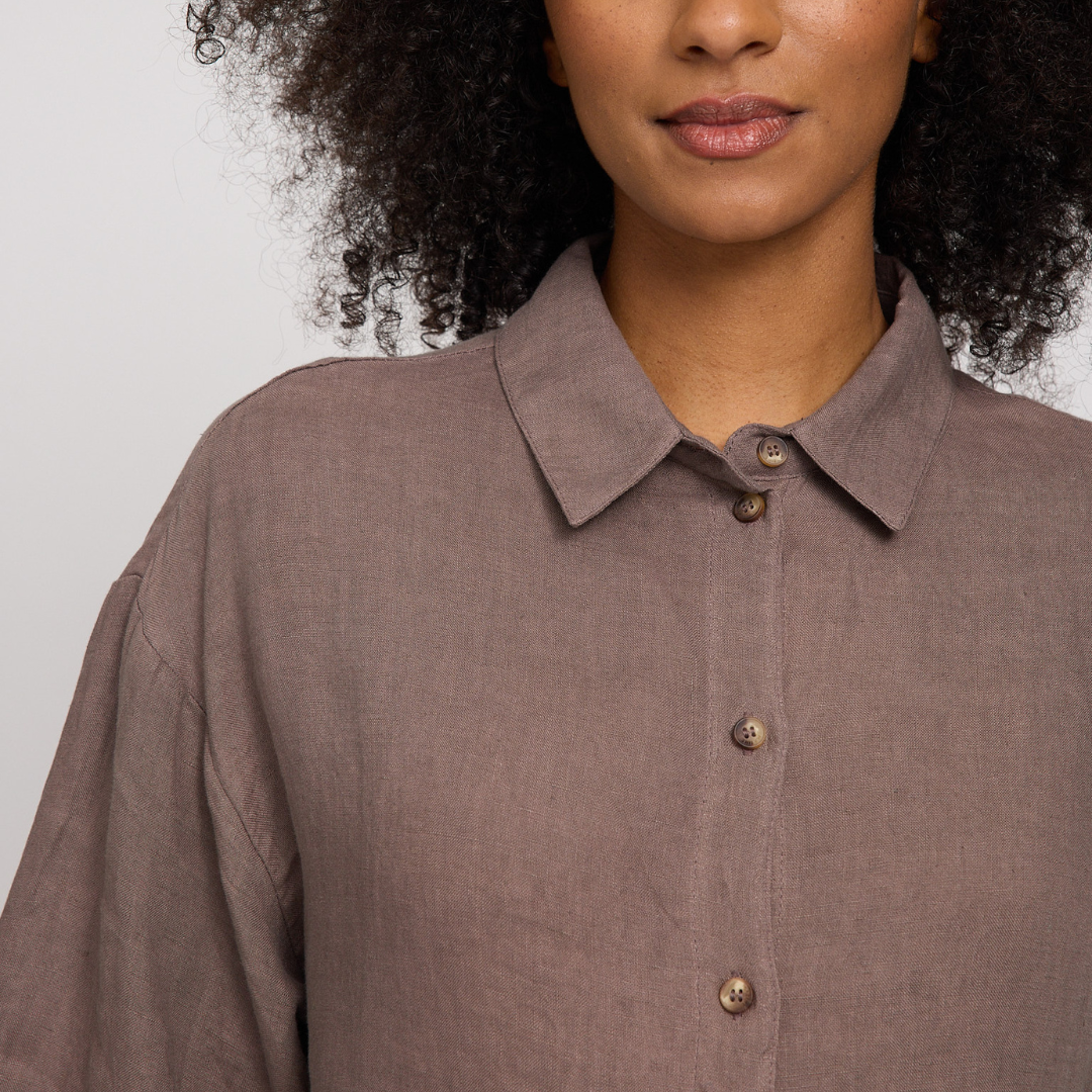 MAZINE || LINEN SHIRT DRESS GREY BROWN