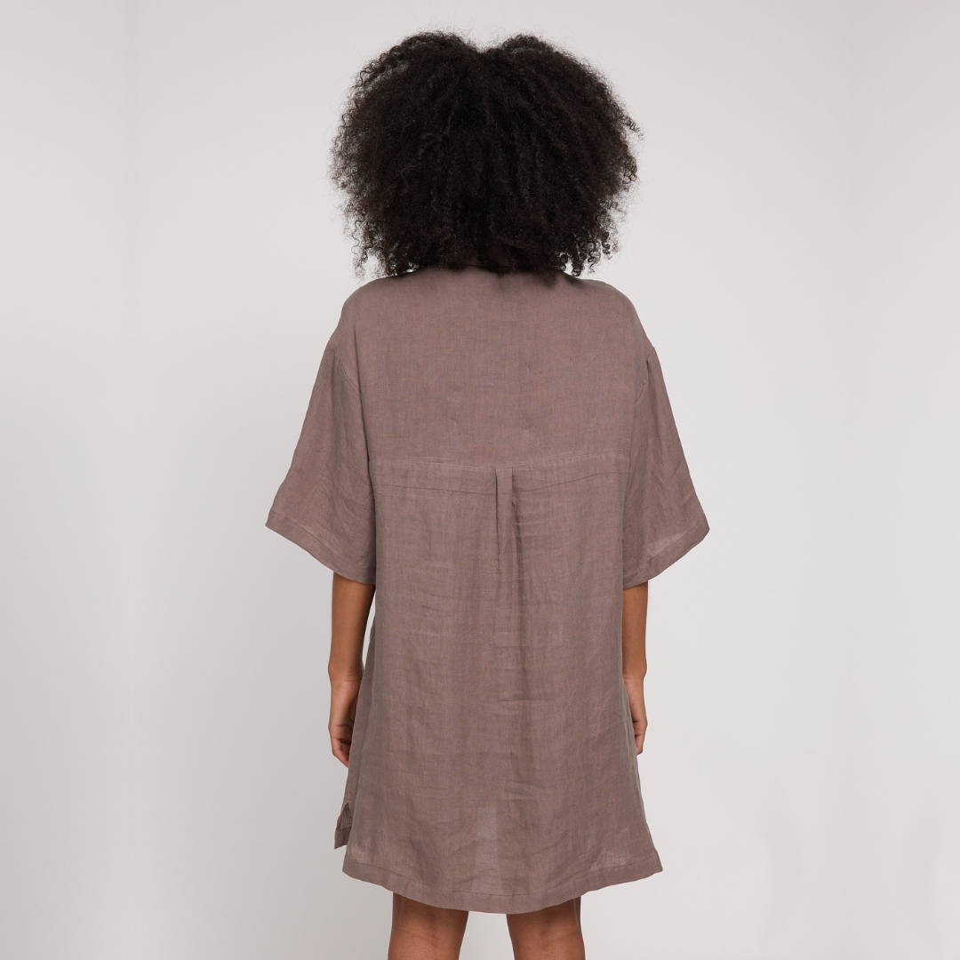 MAZINE || LINEN SHIRT DRESS GREY BROWN