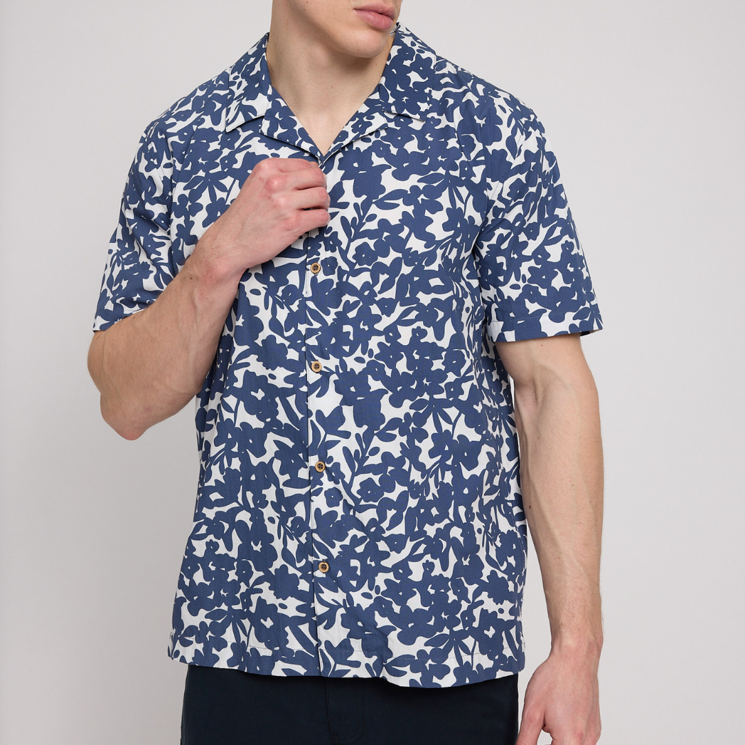 MAZINE || MENS RESORT SHIRT BLUE INDIGO/FLOWERS