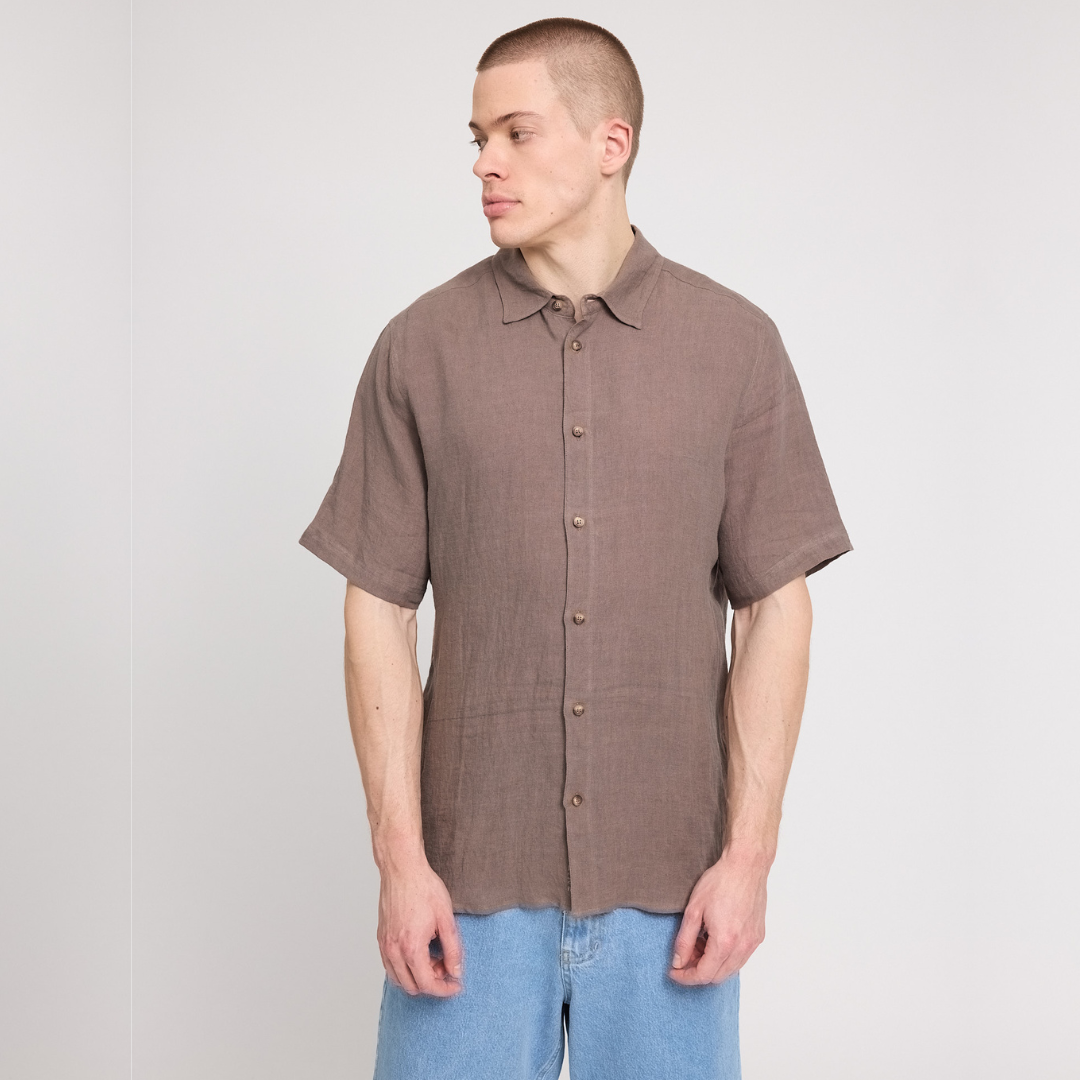 MAZINE || MENS SHORTSLEEVE LINEN SHIRT GREY BROWN