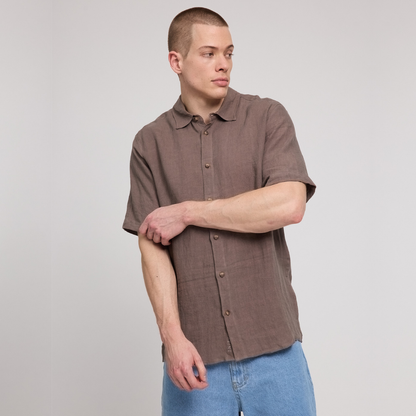MAZINE || MENS SHORTSLEEVE LINEN SHIRT GREY BROWN