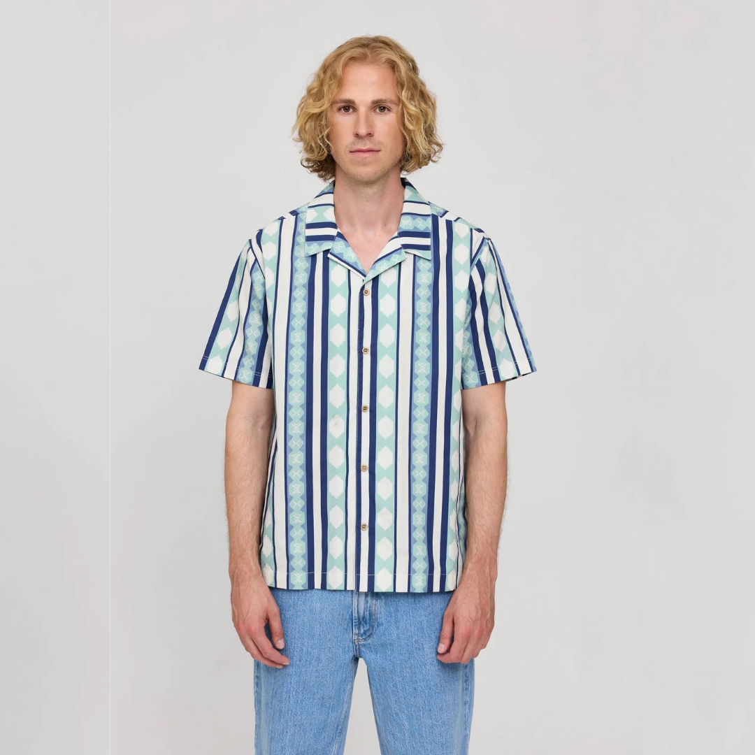 MAZINE || RESORT SHIRT ORGANIC COTTON DUSK BLUE RETRO STRIPES