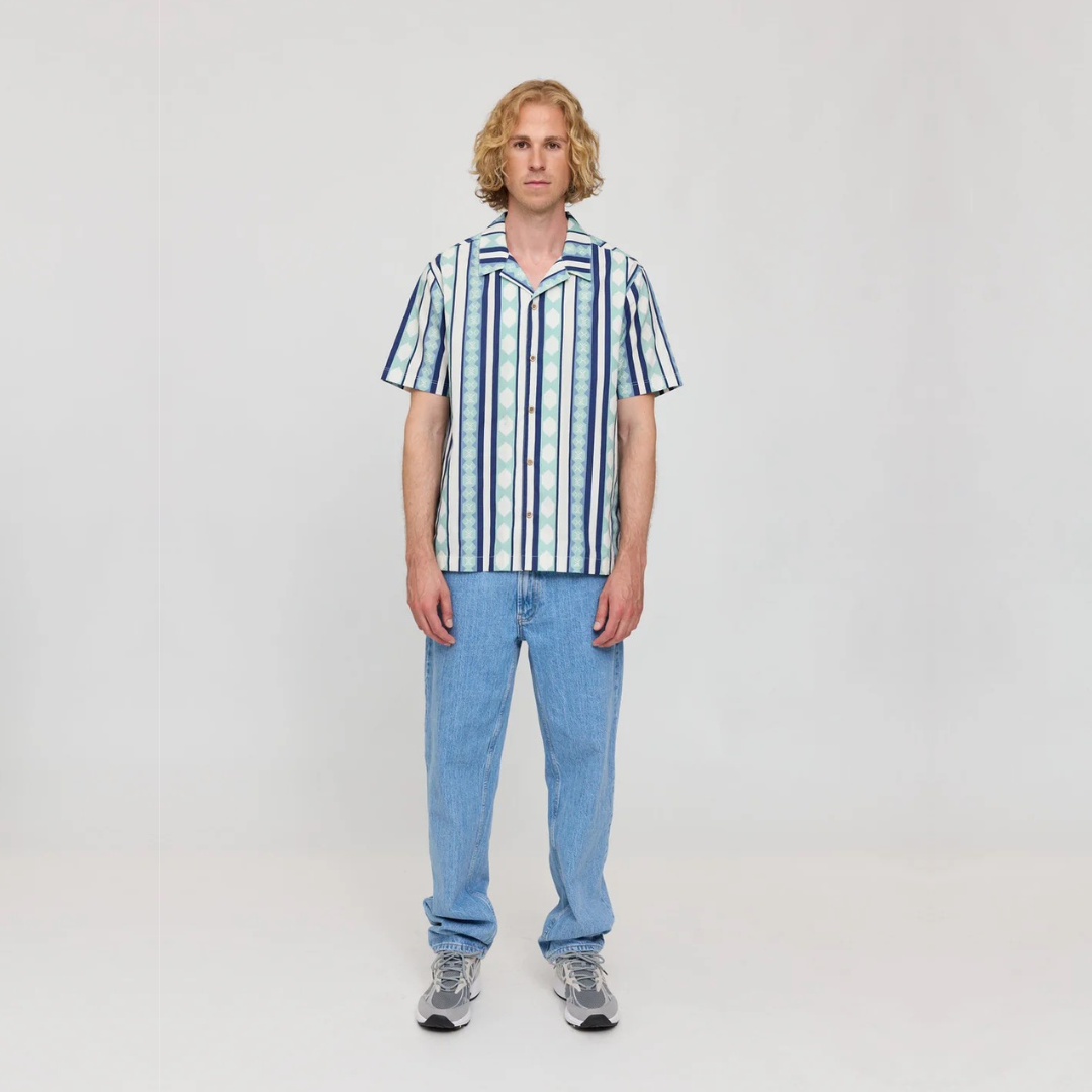 MAZINE || RESORT SHIRT ORGANIC COTTON DUSK BLUE RETRO STRIPES