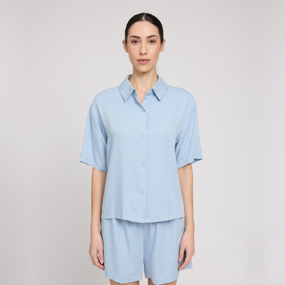 MAZINE || WOMANS SHORT SLEEVE VISCOSE SHIRT PASTEL BLUE