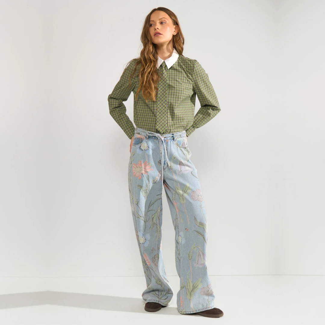 NÜMPH || NUVERONA HR WIDE JEANS LIGHT BLUE DENIM FLORAL 32"