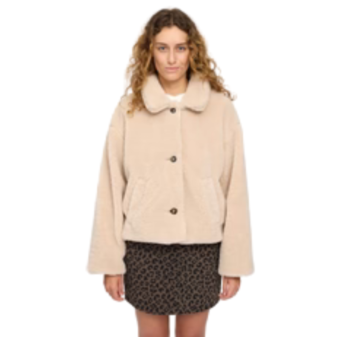 MAZINE || FAUX-FUR BUTTON JACKET Natural